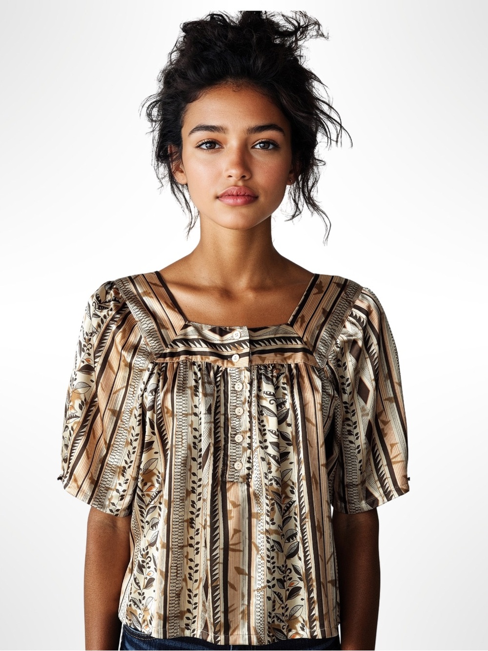 TRAMP Boho Silk Blend Mixed Tribal Print Square Neck Button Front Blouse Medium